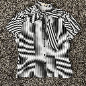 Belle Poque Short Sleeve Button Down Blouse Stripe Shirt Tops with Bow Tie